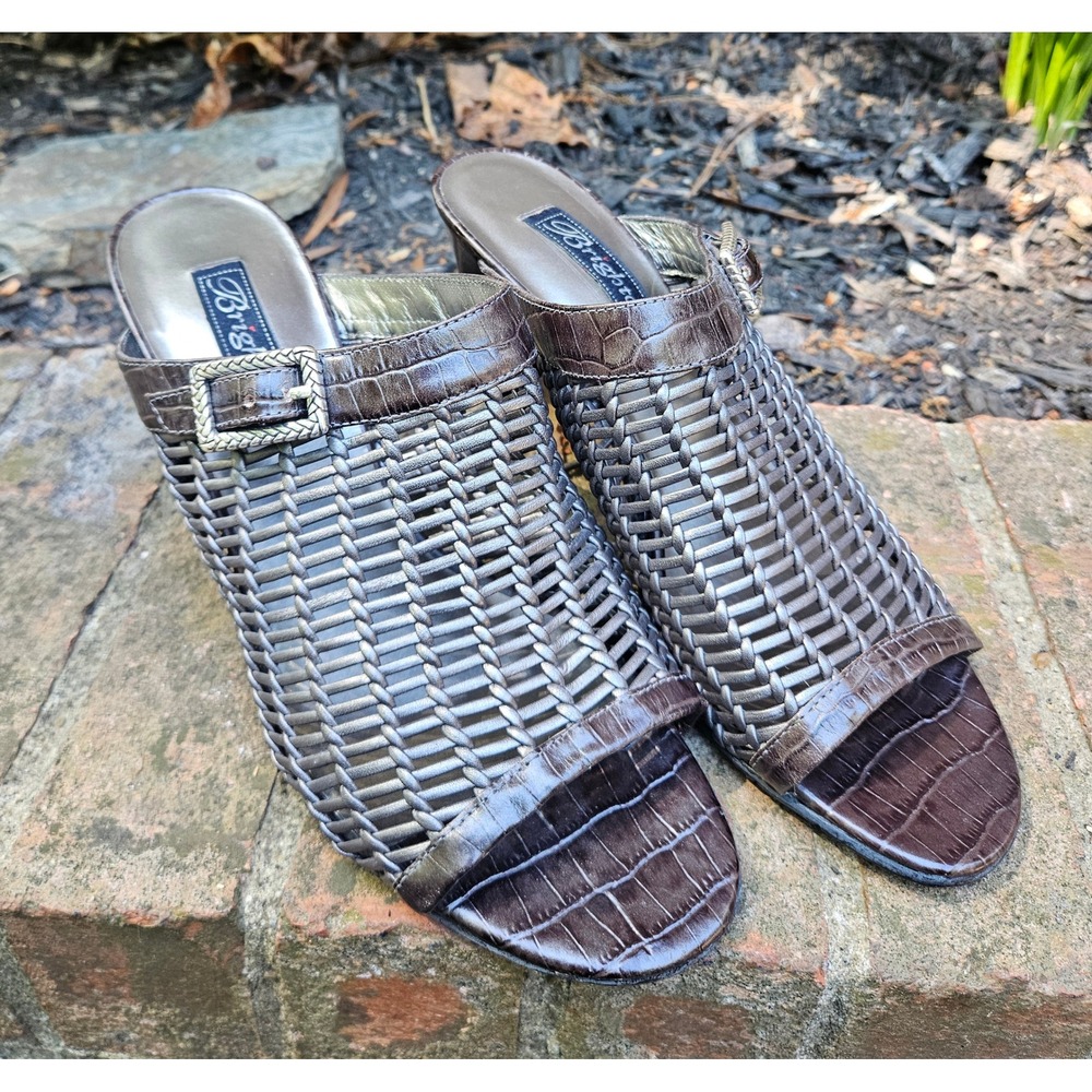 Brighton Reed Pewter Woven Leather Slide Heel Sandals w/Silver Tone Buckle, 10M